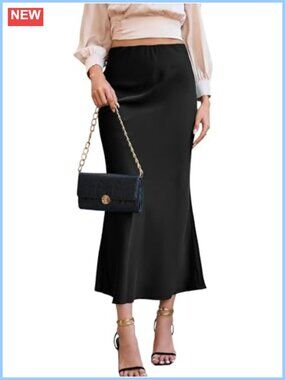 Satin Fishtail Maxi Skirt High Waist Ruffle Flared Elegant Long Skirt